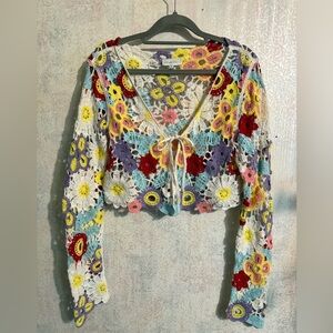 Juniper Blu Colorful Floral Crochet Crop Top, Boho, Cottagecore, Beach Attire, S